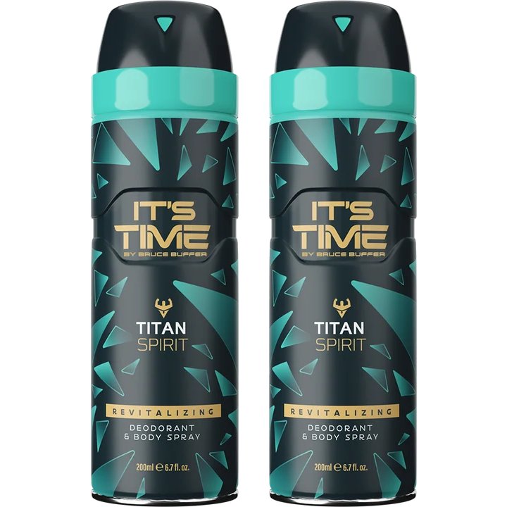 A 2-pack bundle of IT'S TIME Titan Spirit Deodorant and Body Spray cans.