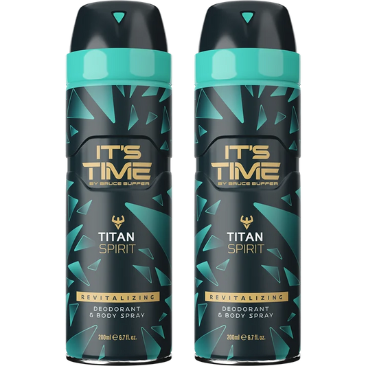 A 2-pack bundle of IT'S TIME Titan Spirit Deodorant and Body Spray cans.