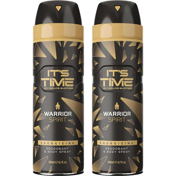 A 2-pack bundle of IT'S TIME Warrior Spirit Deodorant and Body Spray cans.